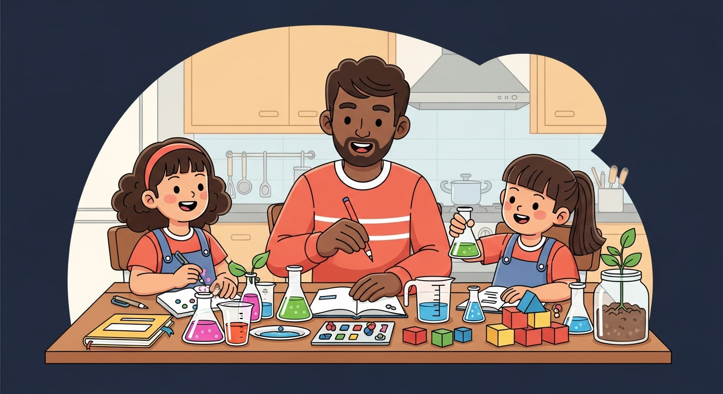 Family doing STEM activities at home