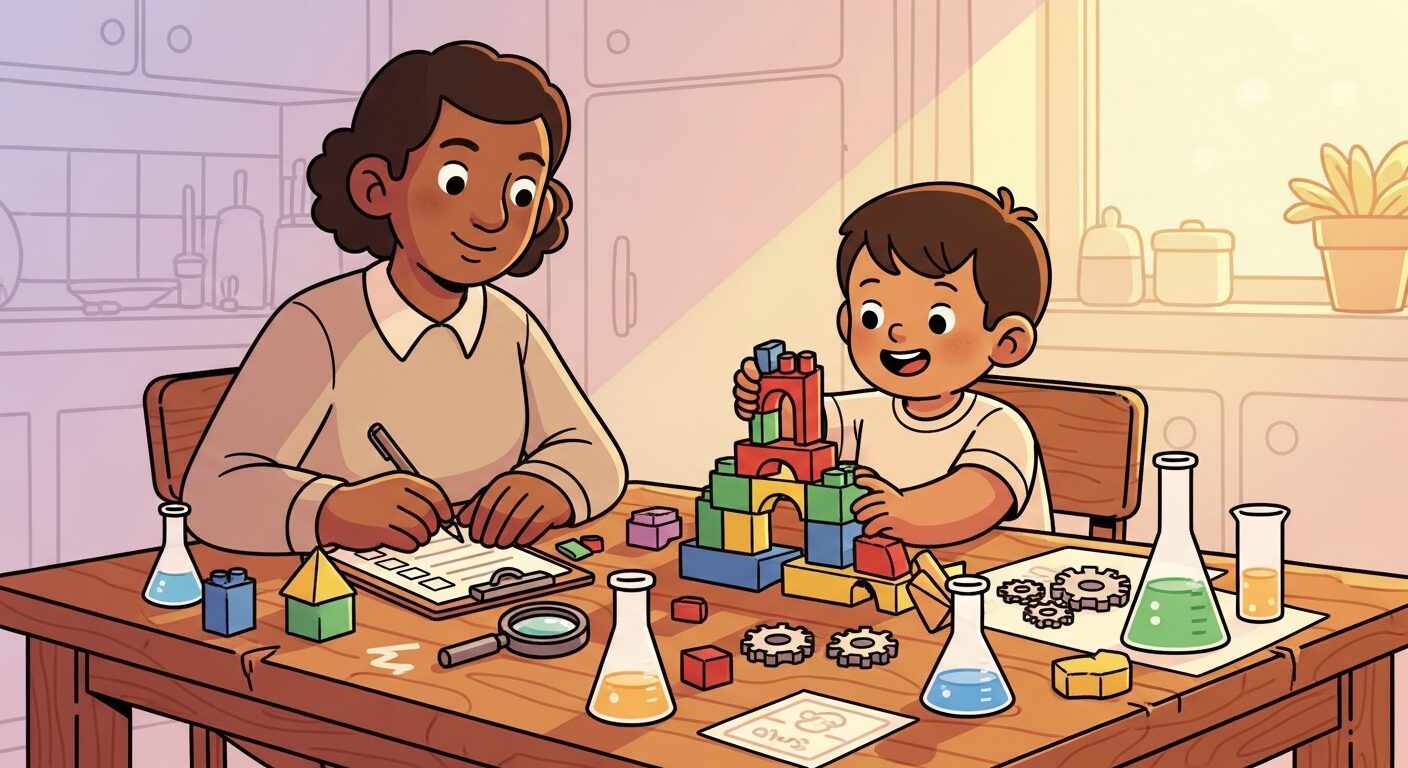 Parent observing child learning with science materials