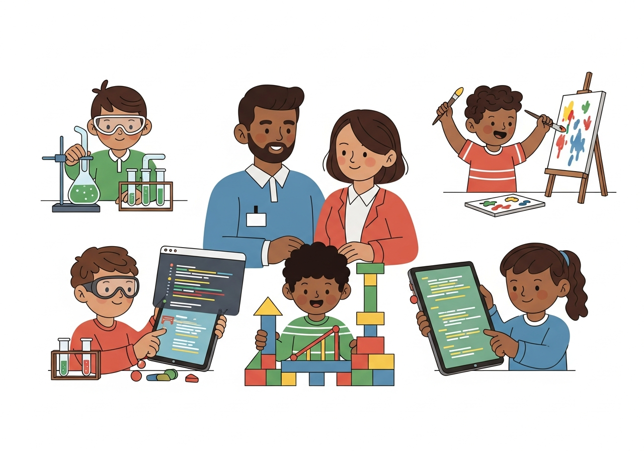 Parents and educators helping children with STEM learning activities